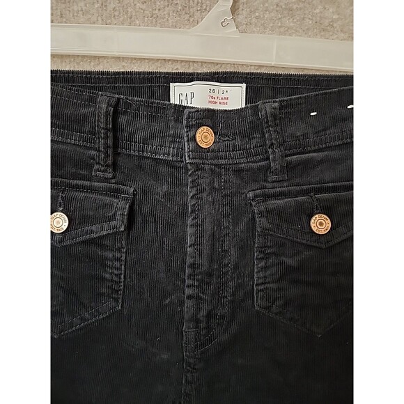 Gap 70s High Rise Flare Corduroy Pants Womens 2 26 Black Flap Pockets Stretch - Picture 3 of 8